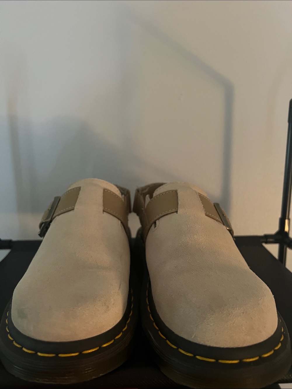 Dr. Martens Jorge II slingback mules in the light parchment/beige suede